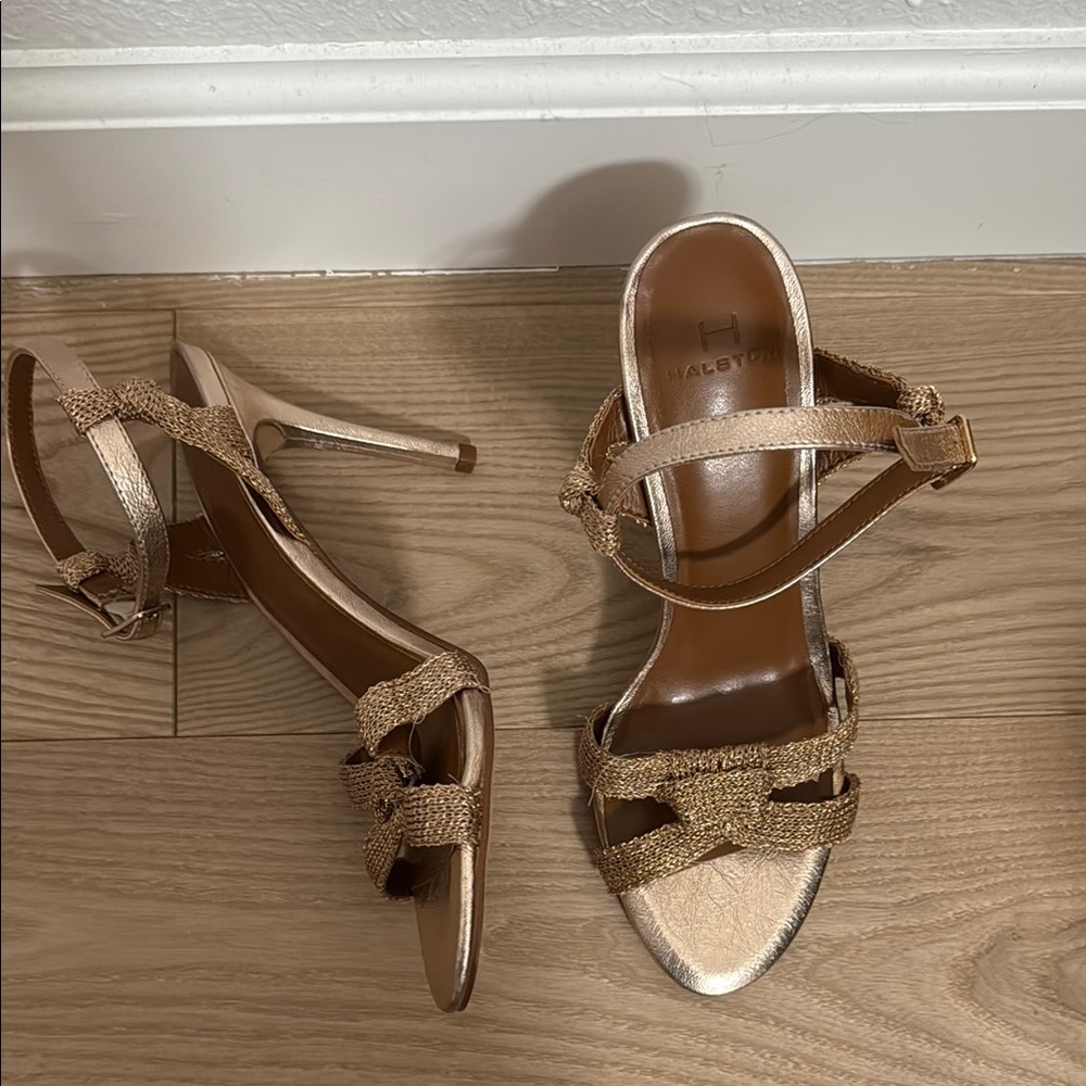 H by Halston Rose Gold Mariah Sandals with Ankle Straps and Bow Detail